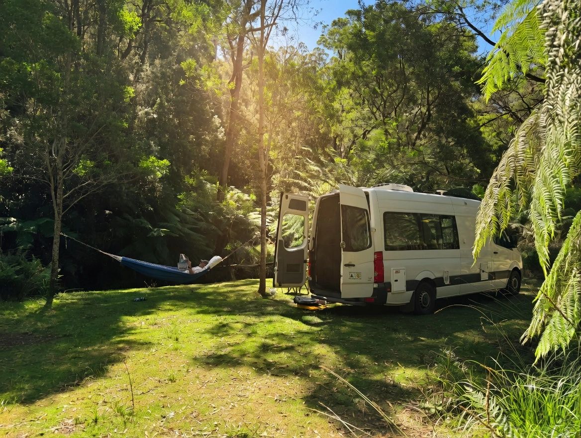 Camper van in forest